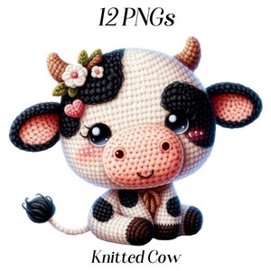 Aquarell gestrickte Kuh Clipart, 12 PNG-Dateien, süße Kuh, Tiere auf dem Bauernhof, Kinderzimmer, gehäkelte Tiere, Wolle Kuh, niedliches Baby Tier, printable Art
