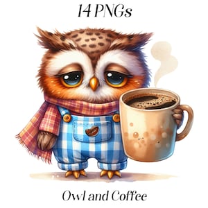 Aquarell Eule und Kaffee Clipart, 14 PNG Dateien, müde Eule, Kaffeeliebhaber, Morgengetränk, Lehrer, Professor, müde Tiere, Vogel Clipart