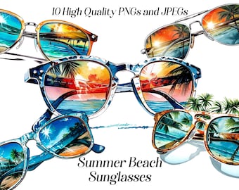 Watercolor summer beach sunglasses clipart, 10 high quality JPEG and PNG files, vacation clip art, holiday vibes, pool party, digital