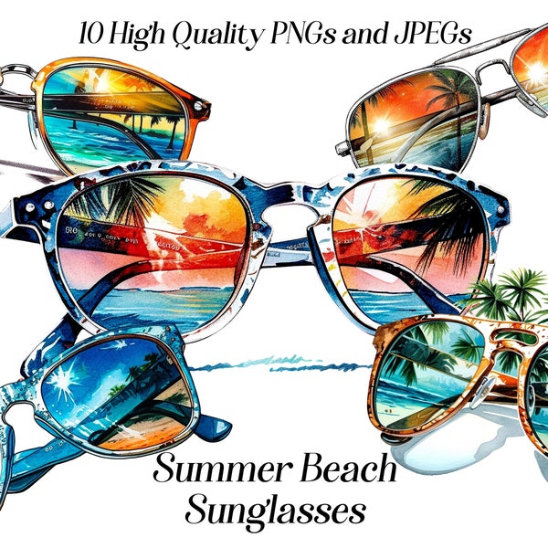 Watercolor summer beach sunglasses clipart, 10 high quality JPEG and PNG files, vacation clip art, holiday vibes, pool party, digital