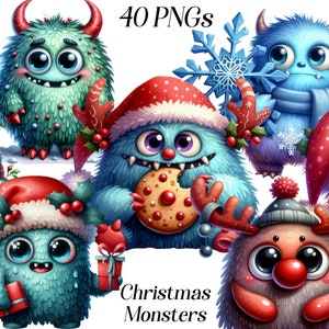 Aquarell süße Weihnachtsmonster, Clipart, 40 PNG-Dateien, Weihnachtsgrafiken, Fantasy, Monster Illustration, druckbare Bilder, kawaii, gruselig