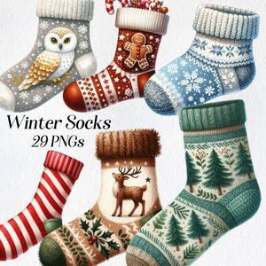 Winter Socken Clipart, Aquarell gemütliche gestrickte Socken Clip Art, png, Weihnachtssocken, Wollsocke, saisonale Kleidung, digitale Bilder, zum Ausdrucken