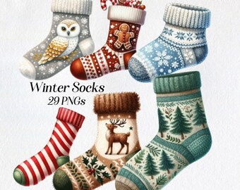 Calcetines de invierno en acuarela: diseños navideños tejidos (imágenes PNG)