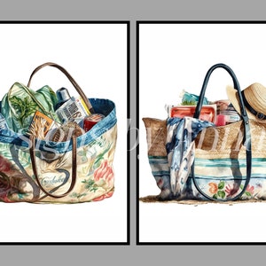 May include: Two tote bags filled with various items. The bag on the left is a floral patterned tote bag with a brown leather handle. The bag on the right is a straw tote bag with blue and white stripes and a black leather handle.