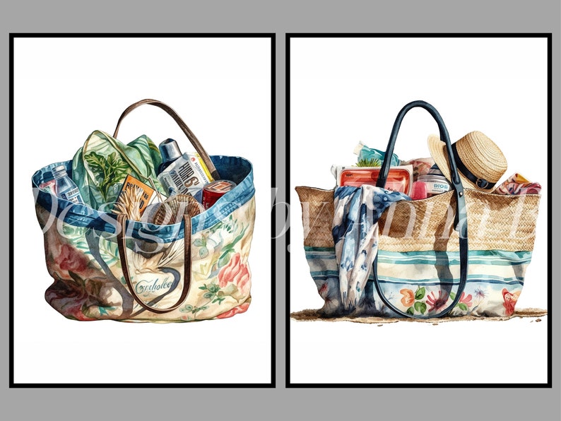 May include: Two tote bags filled with various items. The bag on the left is a floral patterned tote bag with a brown leather handle. The bag on the right is a straw tote bag with blue and white stripes and a black leather handle.