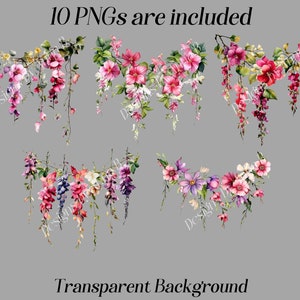 May include: Ten digital images of pink, purple, and white flowers with green leaves. The flowers are arranged in a garland shape. The background is transparent.