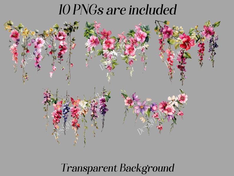 May include: Ten digital images of pink, purple, and white flowers with green leaves. The flowers are arranged in a garland shape. The background is transparent.