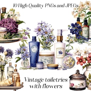 Watercolor Vintage Toiletries Clipart: Floral Cosmetics (JPEG, PNG)