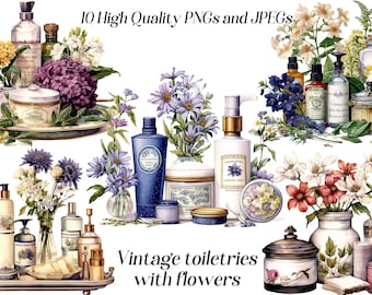 Clipart de artículos de tocador vintage en acuarela: Cosméticos florales (JPEG, PNG)