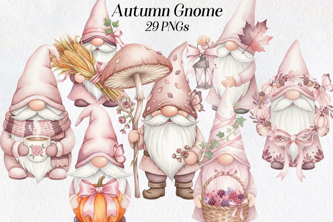 Autumn Gnome Clipart: Pink Fall Graphics, Transparent PNG (digital ...
