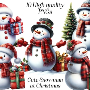 Aquarelle mignon bonhomme de neige à Noël, 10 fichiers PNG de haute qualité, graphiques de Noël, vacances d'hiver, images d'arbre de Noël, illustrations