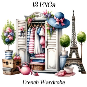 Französischer Kleiderschrank Clipart - Schöner offener Kleiderschrank mit Pariser Kleidung PNG, französische Modeelemente, schicke digitale Kunst