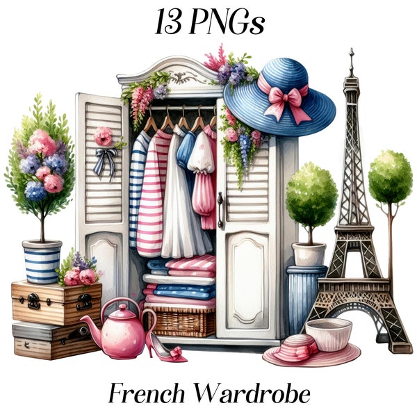 Watercolor French Wardrobe clipart, 13 PNG files, french fashion, clothes, bedroom furniture, interior, france theme, printable images