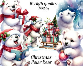 Puede incluir: Un conjunto de 16 imágenes PNG de alta calidad con adorables osos polares con temática navideña. Los osos llevan gorros y bufandas festivos, sostienen regalos y disfrutan de la temporada navideña. Las imágenes son perfectas para crear tarjetas navideñas, invitaciones u otras manualidades festivas.