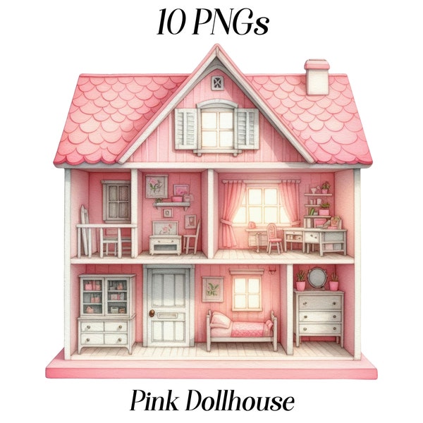 Watercolor Pink Dollhouse clipart, 10 high quality PNG files, doll house illustration, cute house, building, printable images, nursery