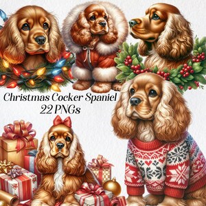 Könnte beinhalten: Digitale Illustration mit mehreren Cocker Spaniels in festlicher Weihnachtskleidung. Ein Hund ist von Lichterketten umgeben, ein anderer trägt einen Weihnachtsmann-Anzug, und ein dritter ist mit einem Kranz geschmückt. Das Bild enthält Geschenkboxen und den Text "Christmas Cocker Spaniel 22 PNGs."