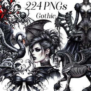 Puede incluir: Una colección de 224 imágenes PNG con temática gótica. Las imágenes incluyen un cisne negro, un caballo alado esquelético, una mujer con cabello oscuro y un vestido negro, una araña, un murciélago, una vela, una calavera y un par de botas negras.
