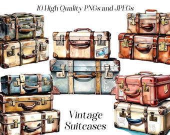 Clipart de maleta vintage en acuarela: Gráficos de bolsas de viaje (JPEG, PNG)
