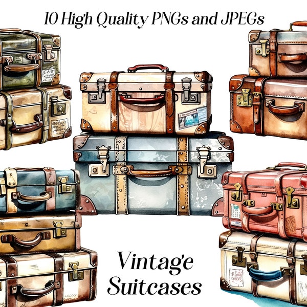 Aquarell Vintage Koffer Clipart, 10 hochwertige JPEG und PNG Dateien, Reisetasche ClipArt, Retro Illustration, druckbare Grafik