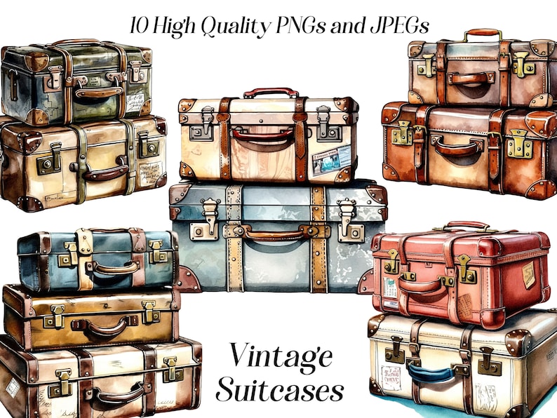 May include: Ten vintage suitcases in various colors and styles, including brown, red, blue, and green. The suitcases have leather straps, metal buckles, and brass accents. The suitcases are arranged in a stack and are isolated on a white background. The text "Vintage Suitcases" is written in black below the suitcases.