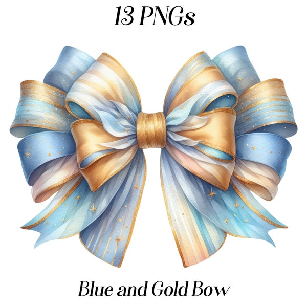 Watercolor Blue and Gold Bow clipart, 13 PNG files, fabric bow, bow decoration, bow illustration, ribbon bow, printable graphics, images