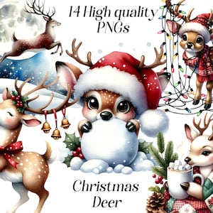 Clipart aquarelle de cerf de Noël, 14 fichiers PNG de haute qualité, graphiques de Noël, images festives, animaux mignons, graphiques imprimables, rennes