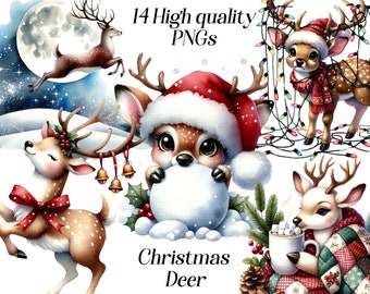 Clipart aquarelle cerf de Noël : images PNG festives (téléchargement numérique)