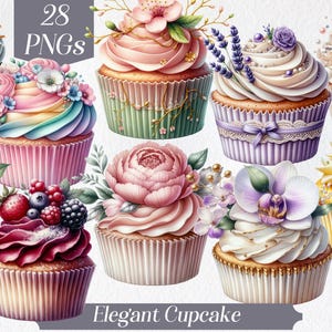Clipart cupcake eleganti, clipart cibo, torta di compleanno, cupcake floreale, torta con fiori, cupcake decorato, torta glamour, immagine stampabile
