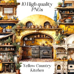 Clipart de cozinha country em aquarela, 10 arquivos PNG de alta qualidade, design de interiores amarelo, cozinha rústica, gráficos para impressão