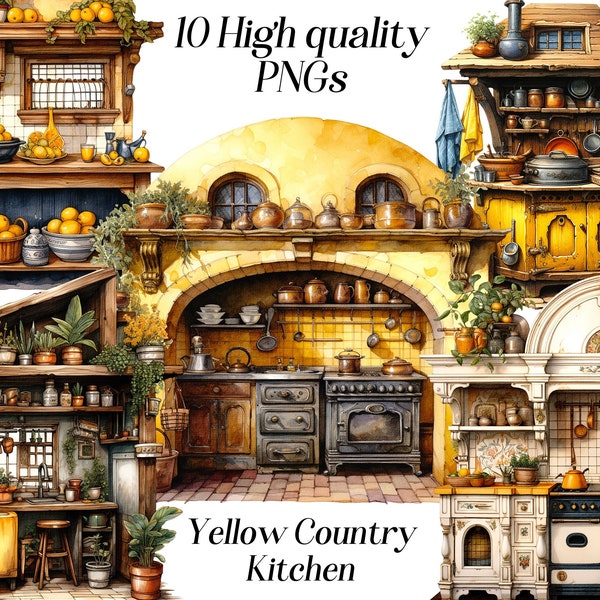 Aquarell Landhaus Küche Clipart, 10 hochwertige PNG-Dateien, gelbe Einrichtung, rustikale Küche, druckbare Grafik