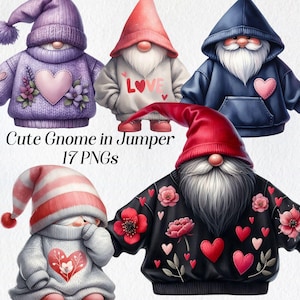 Valentinstag Gnome Clipart, Aquarell süßer Zwerge Clip Art, PNG, Liebe, Herzen, Strickpullover, entzückende Zwerge, digitale Grafiken, zum Ausdrucken