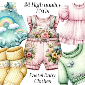 Aquarel pastel babykleertjes clipart, 36 hoge kwaliteit png-bestanden, babymode, clip art babyshower, rompertjes, jurk, leuke kleding