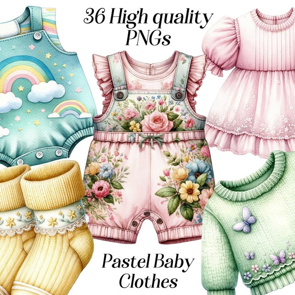 Watercolor Pastel Baby Clothes clipart, 36 high quality PNG files, baby fashion, baby shower clip art, rompers, dress, cute clothes