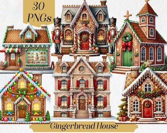 Watercolor Gingerbread House Clipart: 30 Festive PNGs (Digital Download)