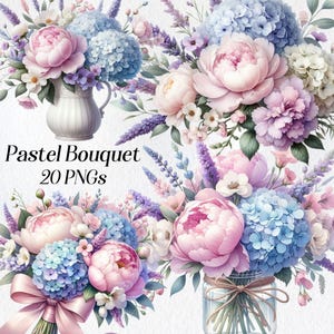 Pastel Bouquet Clipart, Pfingstrosen und Hortensien Blumen ClipArt, rosa und blaue Blumen, shabby chic, Geburtstag, Muttertag, printable Kunst
