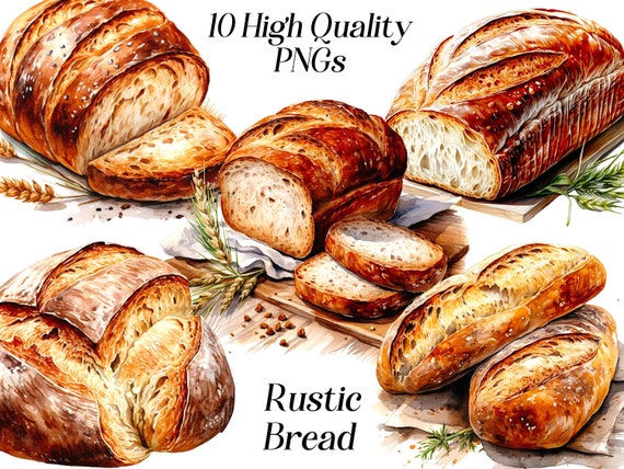 Watercolor Rustic Bread Clipart: 10 PNG Files (Digital Download)