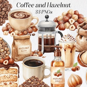 Puede incluir: Ilustración en acuarela con elementos de café y avellanas. Incluye granos de café, tazas de café, una cafetera, una bolsa de mezcla de avellanas, jarabe de avellanas y una porción de pastel. La imagen está etiquetada como "Coffee and Hazelnut 33 PNGs."