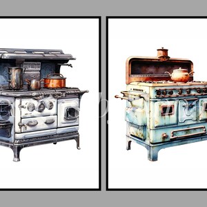 Puede incluir: Dos estufas vintage, una en blanco y negro con una puerta de horno blanca y la otra en azul y blanco con una puerta de horno azul. Ambas estufas tienen un dise&ntilde;o de hierro fundido y est&aacute;n en buen estado.