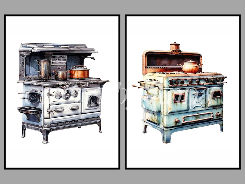 Puede incluir: Dos estufas vintage, una en blanco y negro con una puerta de horno blanca y la otra en azul y blanco con una puerta de horno azul. Ambas estufas tienen un dise&ntilde;o de hierro fundido y est&aacute;n en buen estado.