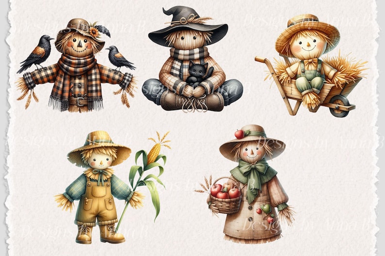 Pu&ograve; includere: Cinque diverse illustrazioni di spaventapasseri. Gli spaventapasseri indossano abiti e cappelli diversi. Alcuni tengono oggetti come un gatto nero, un cesto di mele e un gambo di mais.