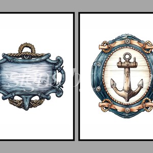 May include: Two nautical themed signs with a blue and white wood grain background. The first sign is a blank rectangle with rope accents. The second sign is a circle with a rope border and a brown anchor in the center.