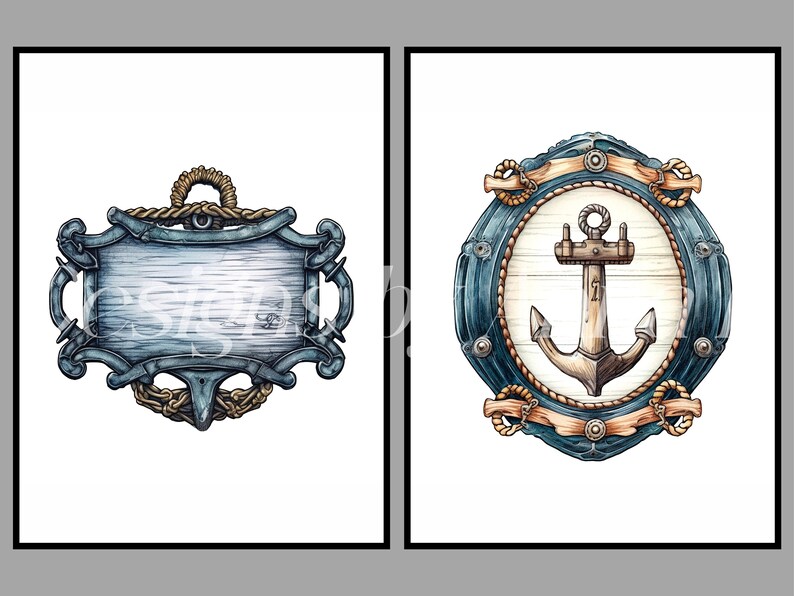 May include: Two nautical themed signs with a blue and white wood grain background. The first sign is a blank rectangle with rope accents. The second sign is a circle with a rope border and a brown anchor in the center.