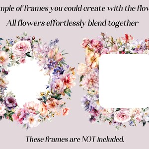 Puede incluir: Dos ejemplos de marcos florales con espacio en blanco en el interior. Los marcos est&aacute;n hechos de flores pintadas con acuarela en tonos rosa, morado y crema. El texto "Ejemplo de marcos que podr&iacute;as crear con las flores" y "Todas las flores se mezclan sin esfuerzo" est&aacute; por encima de los marcos. El texto "Estos marcos NO est&aacute;n incluidos." est&aacute; debajo de los marcos.