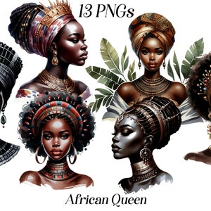 Clipart della regina africana dell'acquerello, 13 file PNG, royalty, bella donna, femmina, dea, illustrazione stampabile