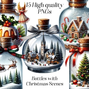 Botellas de acuarela con imágenes prediseñadas de escenas navideñas, 15 archivos PNG de alta calidad, festivos, vacaciones de invierno, gráficos imprimibles, ilustraciones