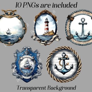 May include: Set of 10 nautical themed digital clipart images. The images feature a lighthouse, an anchor, and a ship. The images are in a watercolor style and have a blue, white, and gold color scheme. The images are perfect for scrapbooking, card making, and other craft projects.