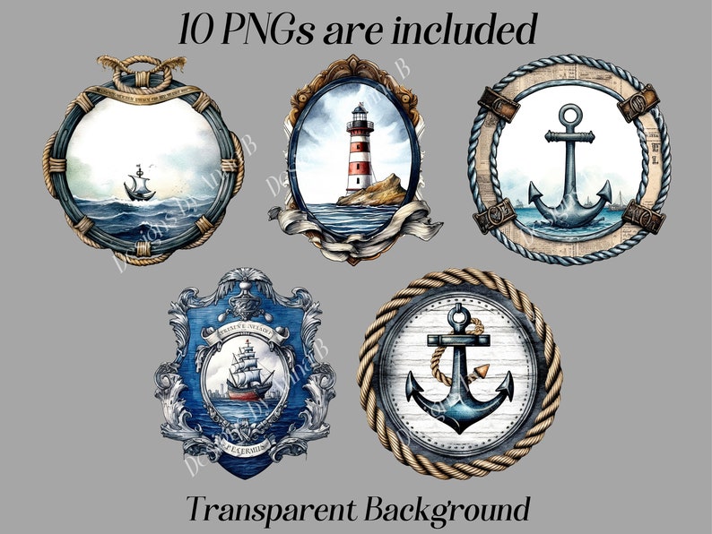 May include: Set of 10 nautical themed digital clipart images. The images feature a lighthouse, an anchor, and a ship. The images are in a watercolor style and have a blue, white, and gold color scheme. The images are perfect for scrapbooking, card making, and other craft projects.