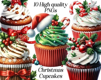 Aquarell Weihnachts Cupcakes Clipart: Festliche PNG Grafiken (digitaler Download)