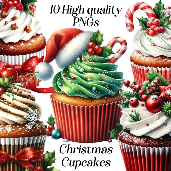 Watercolor Christmas Cupcakes clipart, 10 high quality PNG fiiles, Christmas graphics, Festive Food, dessert, sweet treats illustration