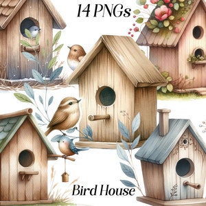 Imágenes prediseñadas de casa de pájaros, ilustración de primavera, decoración rústica, png, casa de pájaros, caprichosa, ilustración de la naturaleza, imágenes prediseñadas de jardín, descarga digital